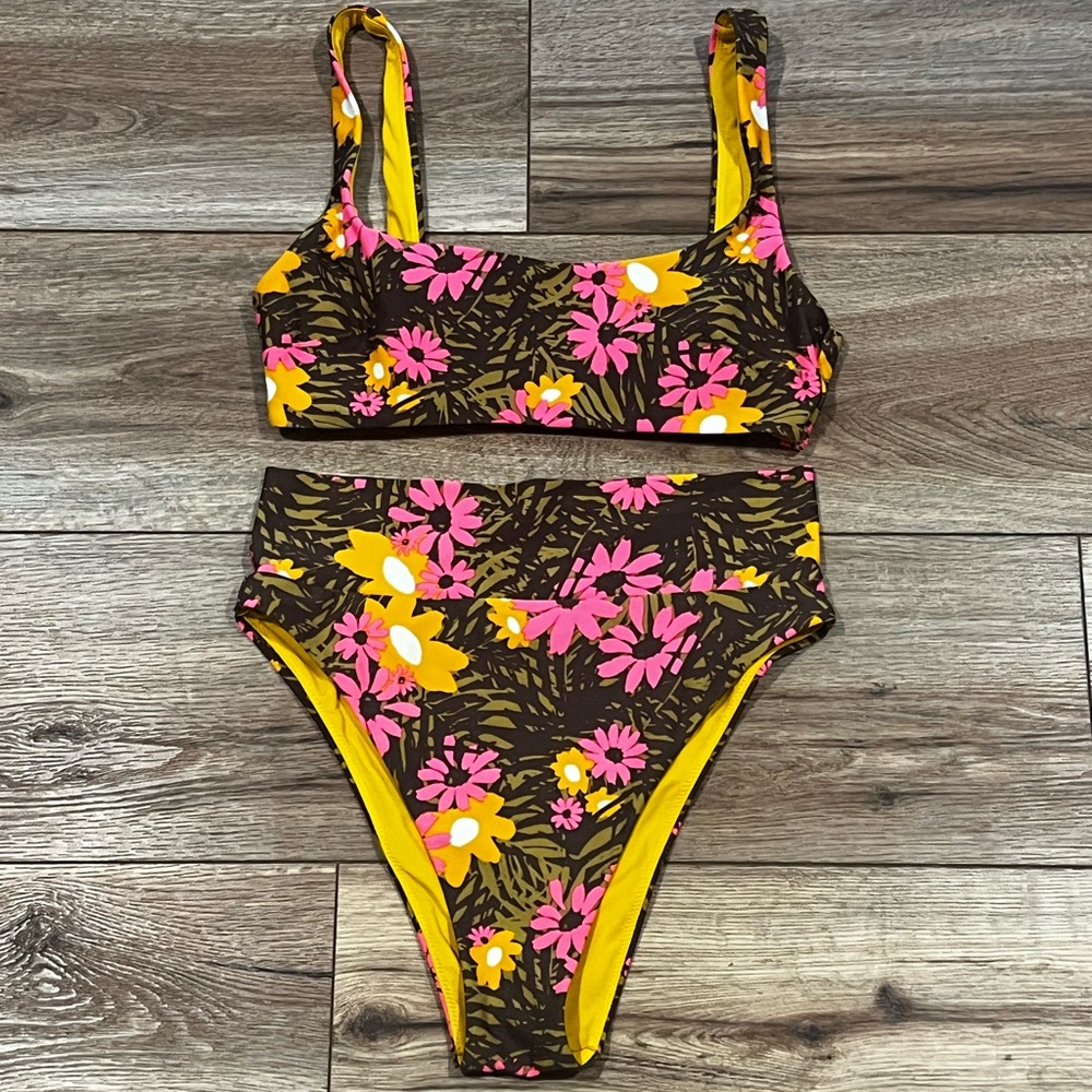 Aerie Mustard Yellow Floral High Waisted Swimsuit Bikini Set Size Small